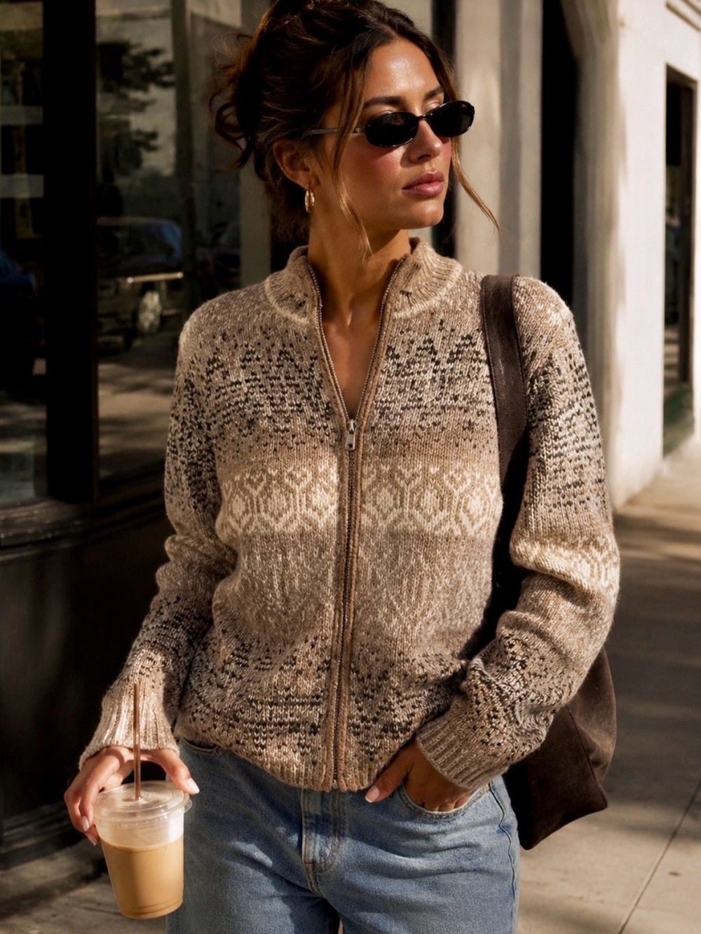 Vintage Coldwater Creek Fair Isle Zip Cardigan Wool Blend Neutral Luxe NWT M